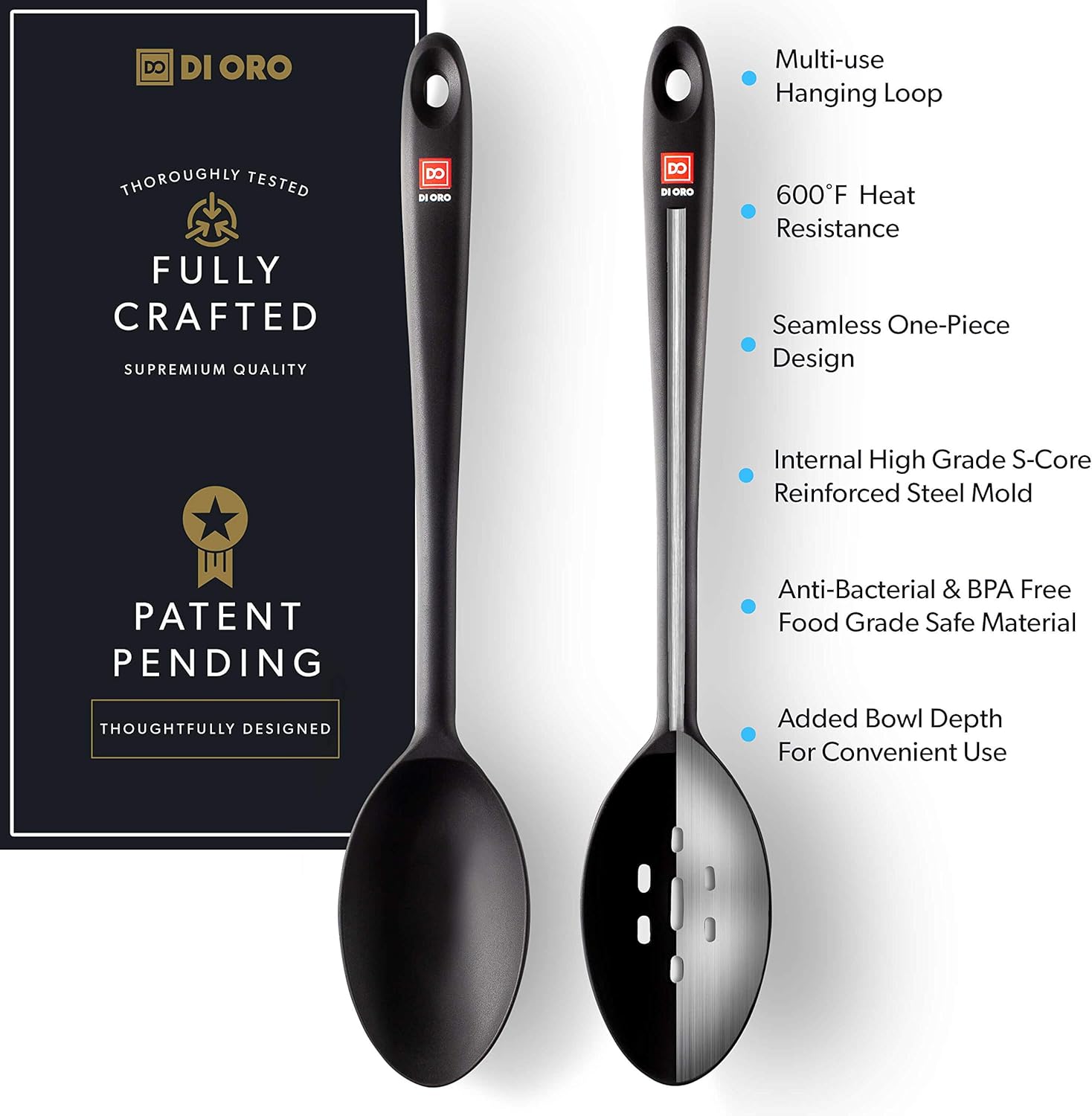 DI ORO Seamless Series 2-Piece Silicone Spoon Set - 600F Heat-Resistant Rubber Non-Stick Slotted and Solid Spoons for Mixing and Serving - LFGB Certified and BPA Free Pro-Grade Silicone – Black: Kitchen & Dining