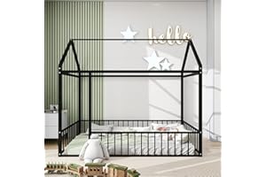 HANLIVES Twin House Bed for Kids, Montessori Floor Bed with Rails,Metal Floor Bed Frame Twin with Roof, Twin Kids Bed Floor Bed for Kids, Girls, Boys(Black)