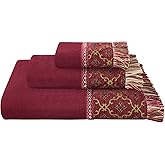 Loom and Mill Luxury Cotton Bath Towel Set 3 Piece-1 Bath Towel 1 Hand Towel 1 Wash Cloth, Ultra Soft Decorative Towel Sets Highly Absorbent for Bathroom, Elegant Diamond Grid Design(Red)