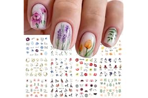 JMEOWIO 12 Sheets Flower Nail Art Stickers Decals Self-Adhesive Pegatinas Uñas Spring Summer Colorful Floral Leaves Nail Supplies Nail Art Design Decoration Accessories