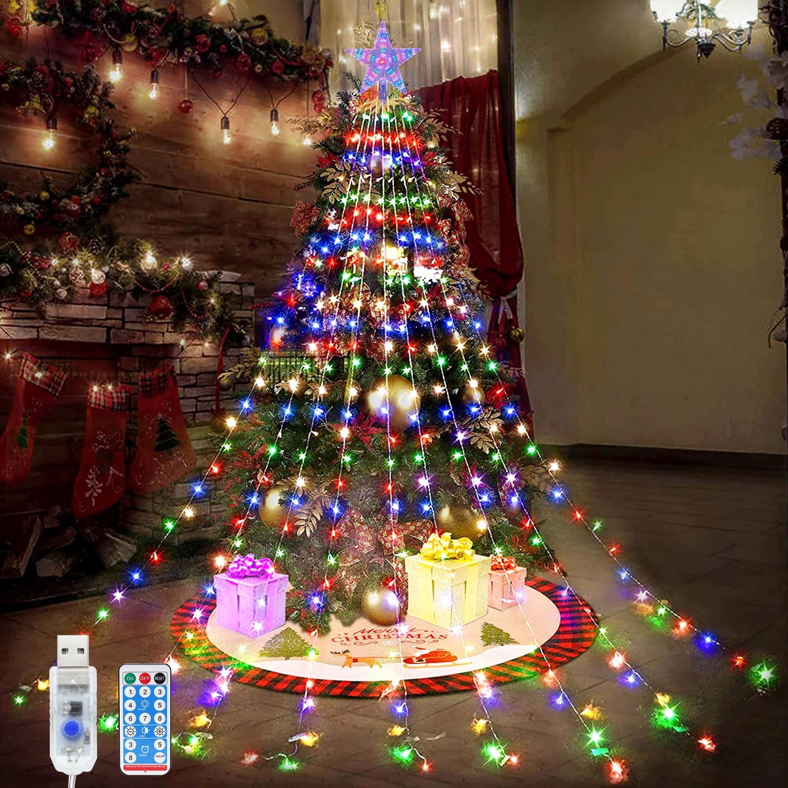 OPAHUTER 2M x 9 Strand Waterfall LED Star Lights, Multicolour, Multifunctional Remote, USB Power, Indoor & Outdoor, Christmas, Wedding, Party Decor