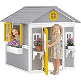 Outsunny Outdoor Kids Playhouse with Dutch Door for Toddlers 3-8 Gray | Wooden, Windows, Flower Holders and Boxes, Cottage Play House, Backyard