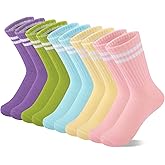 Comfoex 10 Pairs Girls Crew Cotton Socks Athletic Calf Striped Soft Casual Socks For Kids 4-6 6-8 8-10 Years Old