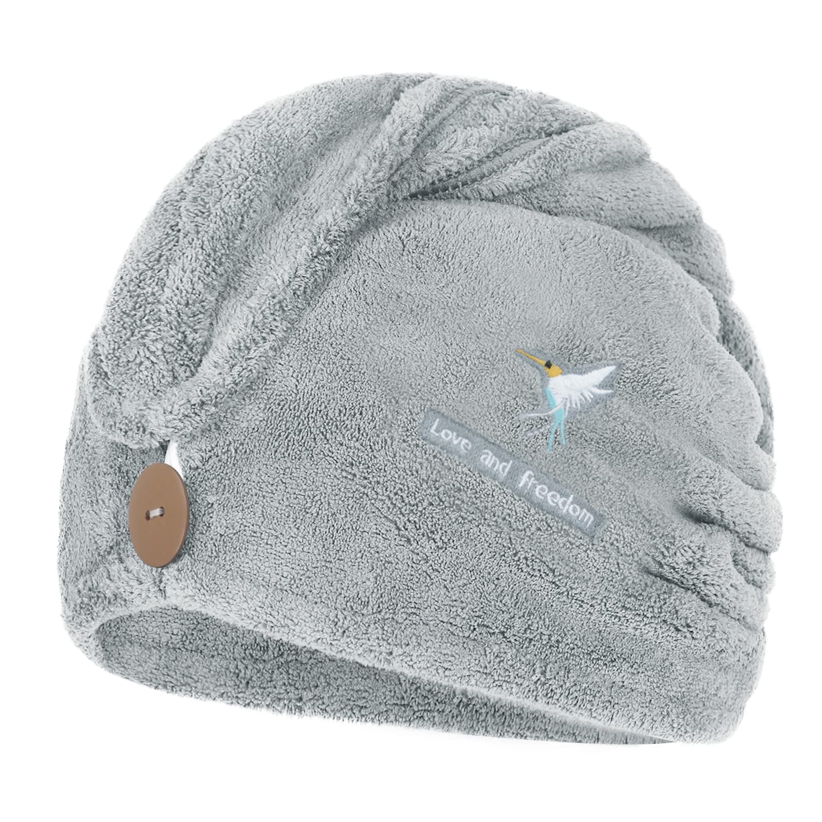 Qchomee Super Absorbent Hair Drying Towels Wrap Women Girls Microfiber Dry Hair Hat Towel Turban with Button Design Quick Drying Lady Bath Head Wrap (Grey Hummingbird)