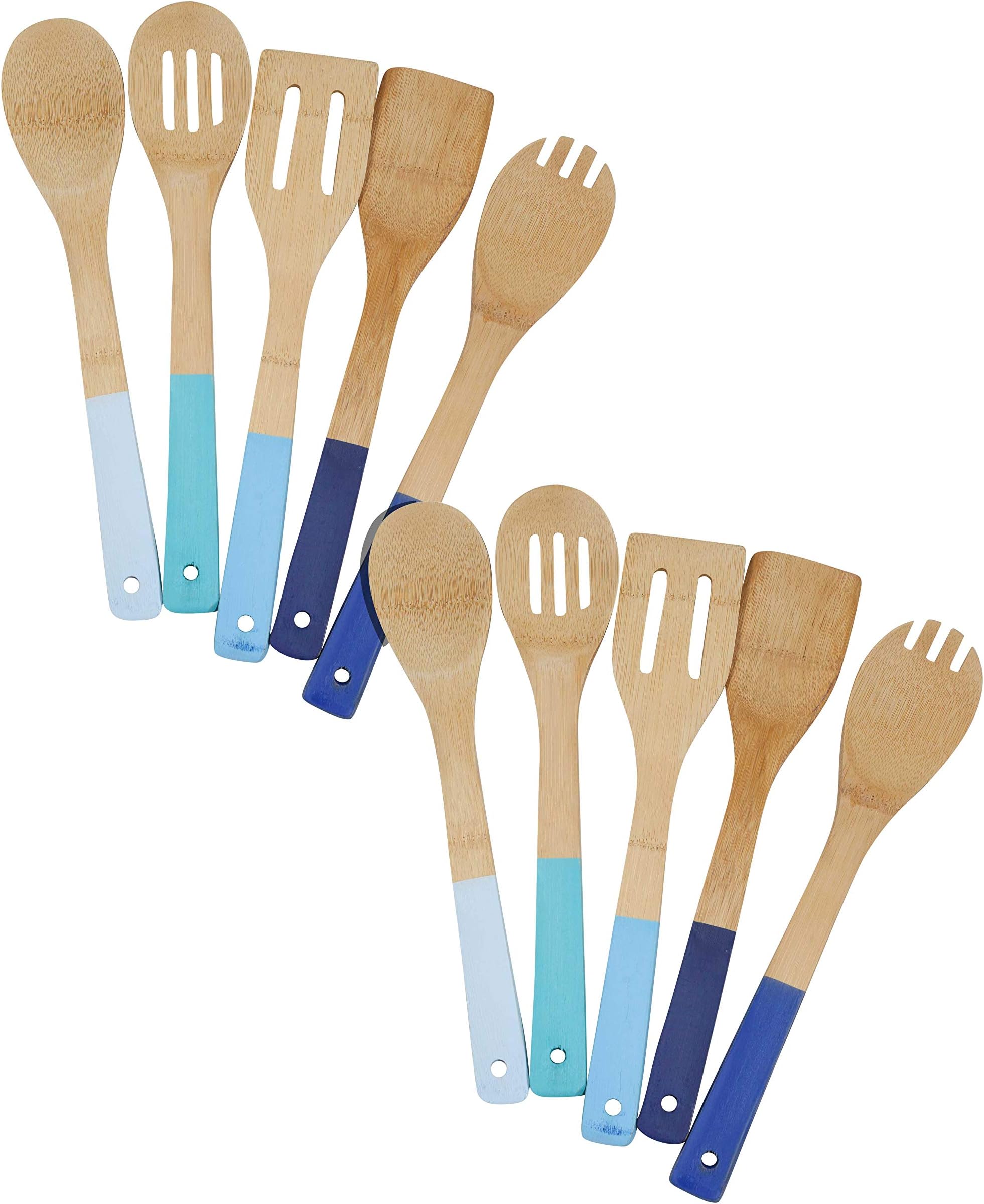Core Bamboo 5-Piece Bamboo Utensil Set, Solid Spoon, Slotted Spoon, Spatula, Solid Turner Sport With Blue Colored Handles, 12 Inch Length - 2 Sets