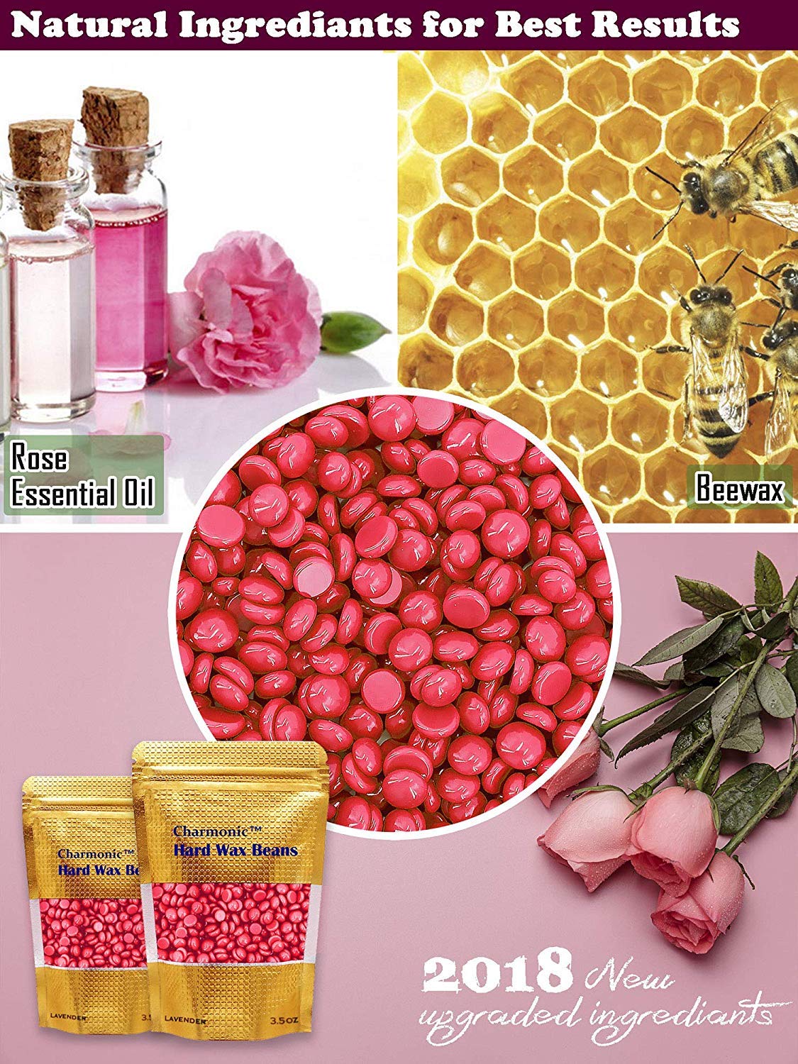Depilatory Wax, 17.5 Oz Hard Body Wax Beans for Women Men, Hair Removal European Beads 500g/1.1 lb (rose)
