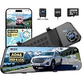 AZDOME 12" 4K+2.5K Rearview Mirror Dash Cam with ADAS, 64GB Card Included | License Plate Recognition, BSD &amp; LCA Alerts, Voice Control, 5.8GHz WiFi &amp; GPS, IP68 Waterproof Backup Rear Camera (PG17 Max)