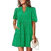 KIRUNDO Eyelet Summer Dresses for Women 2026 Mini Casual Hollow Out Short Sleeve Lace Tiered V Neck Shift Dress Pockets