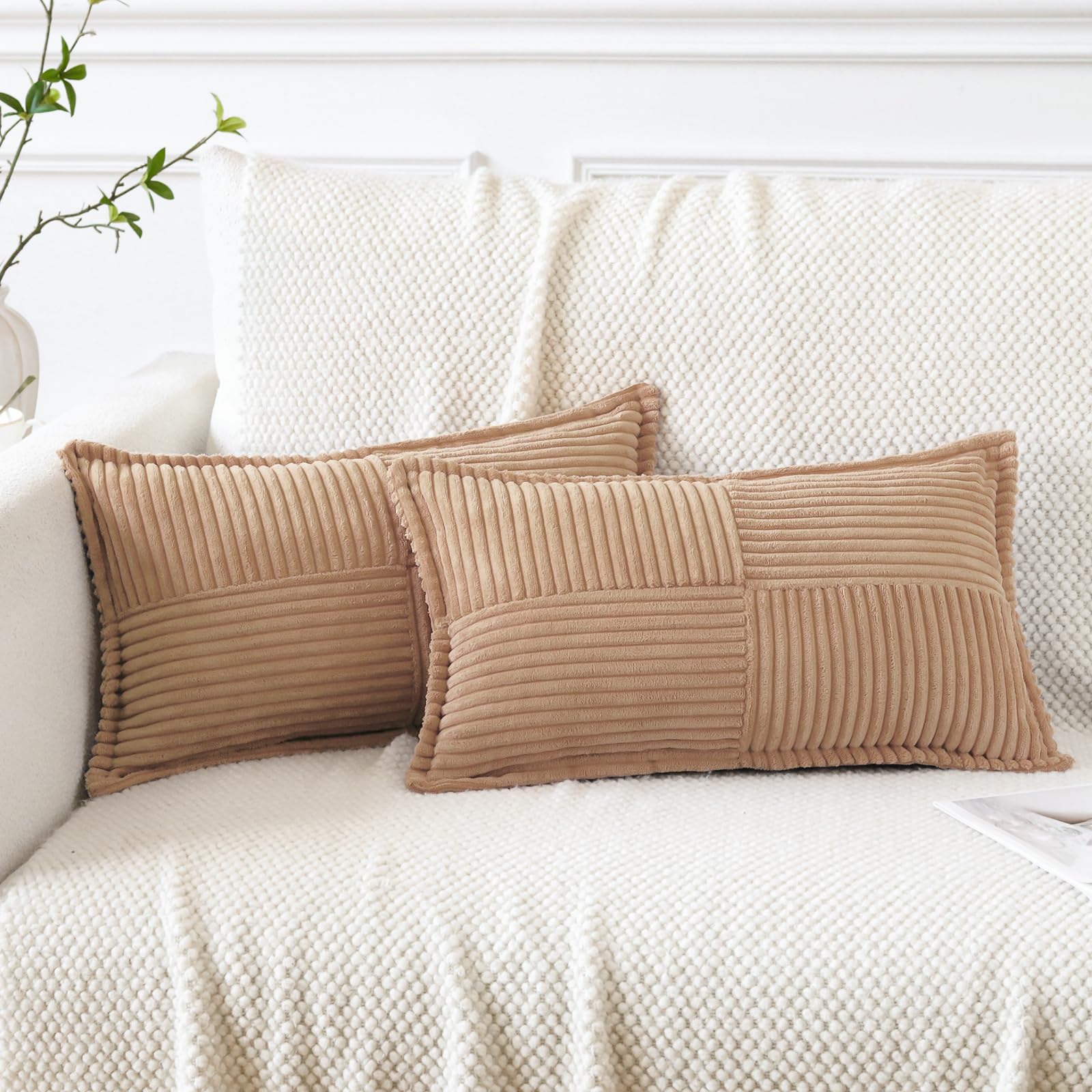 Artscope Corduroy Cushion Covers Pack of 2 Modern Patchwork Throw Pillow Covers Soft Pillowcase Broadside Decorative Textured Cushions for Home decor Sofa Bedroom Couch Light Brown 40x60cm