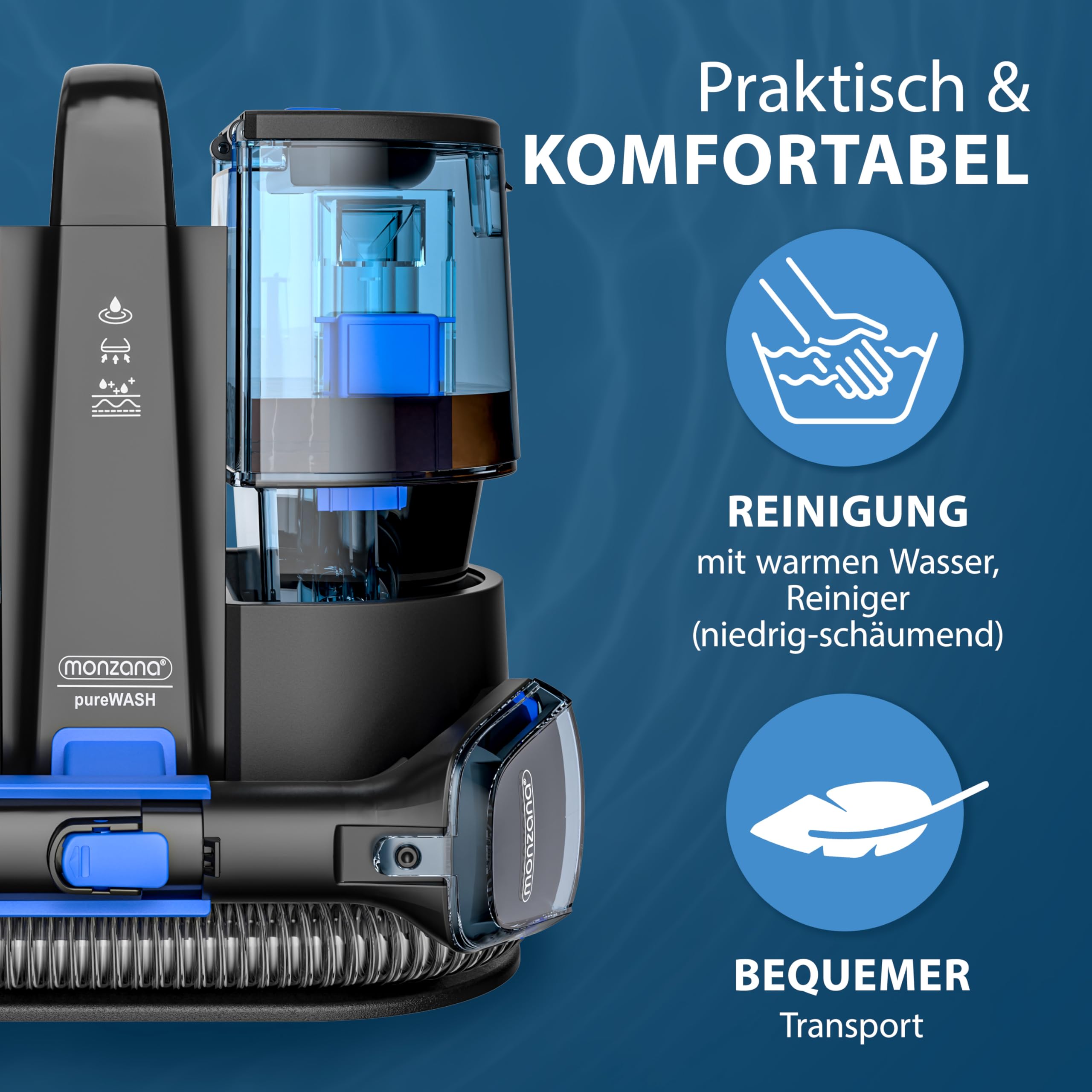 MONZANA® Polsterreiniger Gerät Waschsauger mit 2-in-1 Bürstenaufsatz für Teppiche & Polster 1,2 m Schlauch & 5,5 m Reichweite Nasssauger Teppichreiniger Haushalt 4