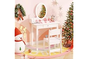 OLAKIDS Kids Vanity Set with Lights, 2 in 1 Wooden Princess Makeup Table and Chair with Lighting Mirror, Jewelry Rack, Drawer