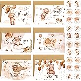 Tudomro 24 Pack Bear Baby Shower Thank You Cards with Envelopes and Stickers Set Brown Kid Thank You Notes Blank Inside Watercolor Cards with Envelopes for Boy Girl Birthday Party(Bear,Brown)
