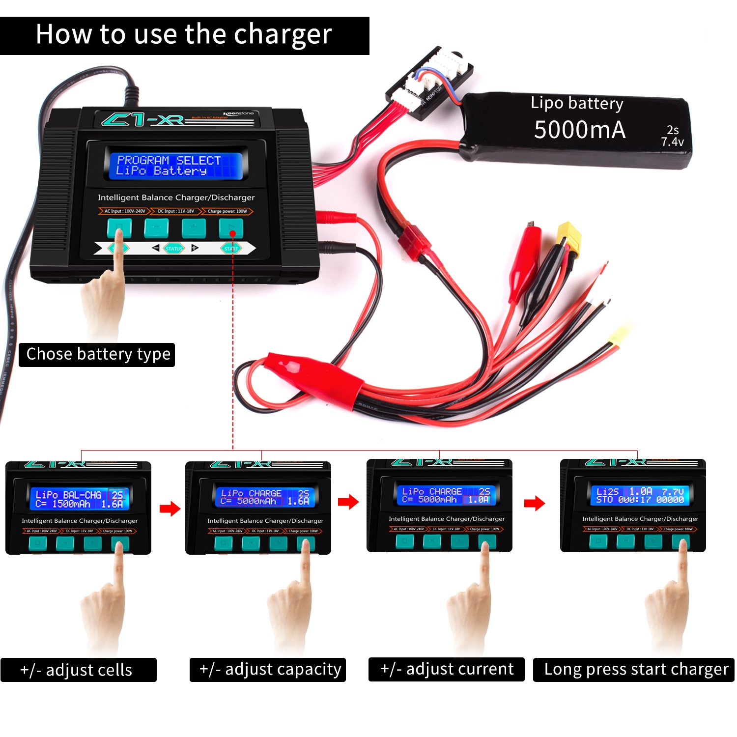Keenstone Lipo Battery Charger Discharger with Low Voltage Checker 10A 100W AC/DC 1S-6S Digital Battery Pack Charger for Li-Po Li-Hv Li-Ion Li-Fe NiMH Ni-Cd Pb