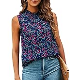 SimpleFun Womens Tank Tops Ruffle High Neck Pleated Summer Blouses Floral Sleeveless Shirt