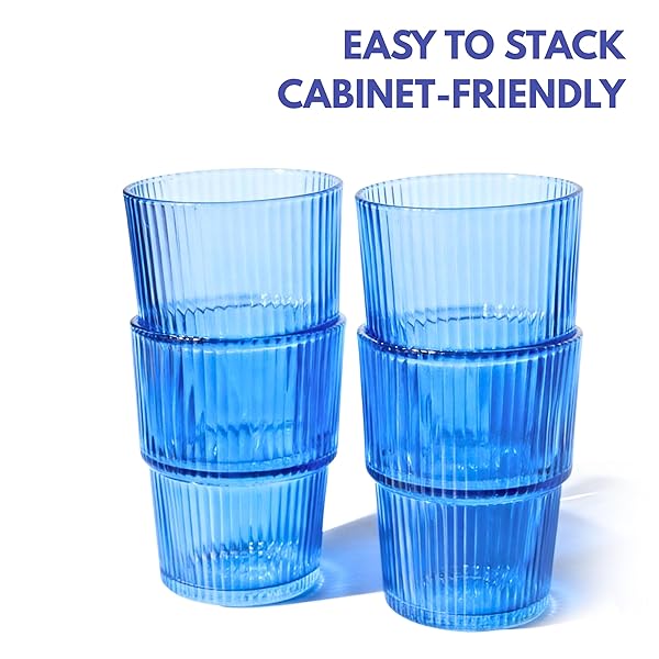 ELEMENT LABS RIBBED DRINKING GLASSES SET OF 4 – STACKABLE GLASS CUPS FOR KITCHEN – ICED COFFEE, WATER, JUICE & MOCKTAILS – AESTHETIC WATER TUMBLERS ELEGANT HOSTESS GIFTS HOME ESSENTIALS (14 FL OZ)