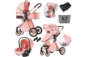 SUPPERBEBE 3 in 1 Baby Travel System Convertible Reversible Baby Stroller Portable Pushchair Infant Standard Pram Foldable Baby Carriage Luxury High Landscape Buggy for Newborn (UDV9-PINK with Base)
