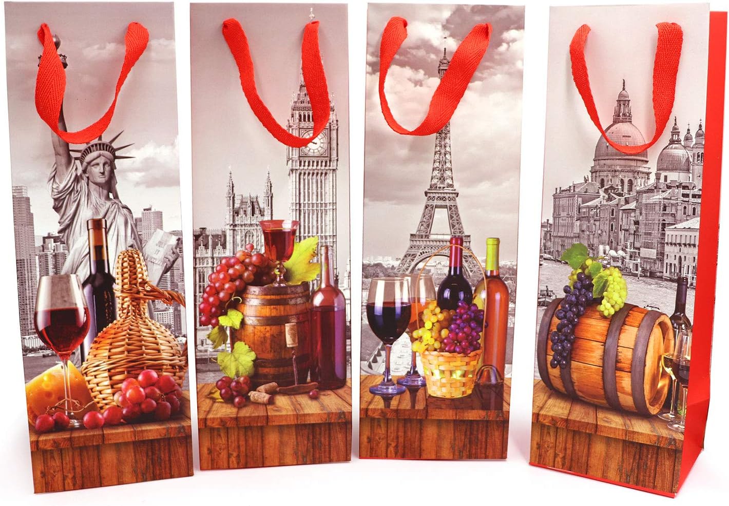 8 Pack Premium Wine Gift Bags with Gift Tag and Handles, Cities Design, Wine Bottle Carrier for Anniversary Birthday
