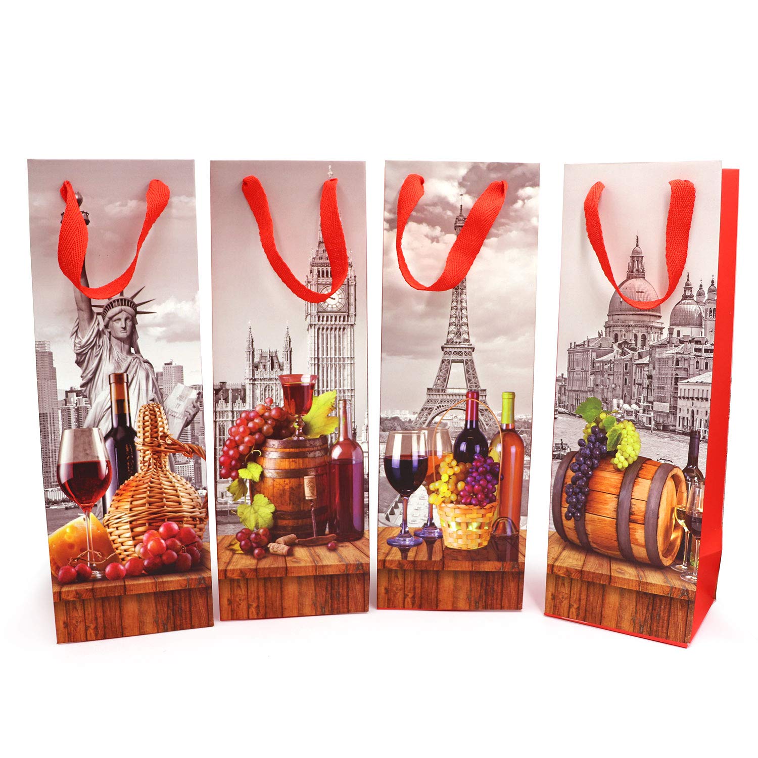 8 Pack Premium Wine Gift Bags with Gift Tag and Handles - Cities Design – Wine Bottle Carrier for Anniversary, Birthday, Special occasions, H: 39 cm x W: 12 cm x D: 9 cm