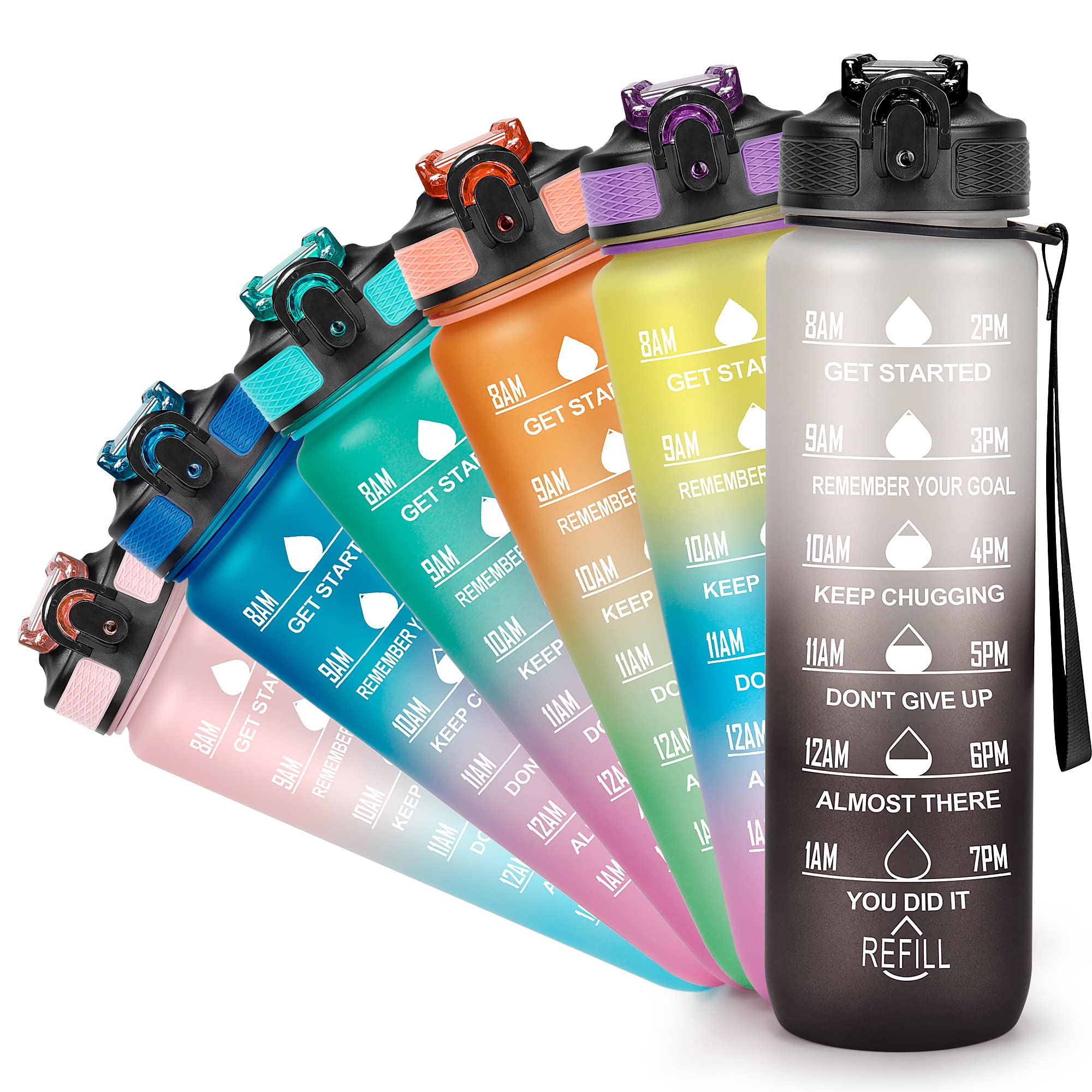 YC Kitchen 1 Litre Motivational Water Bottle with Time Marker, Leak-proof BPA Free Sports Water Bottles with Straw & Carrying Strap