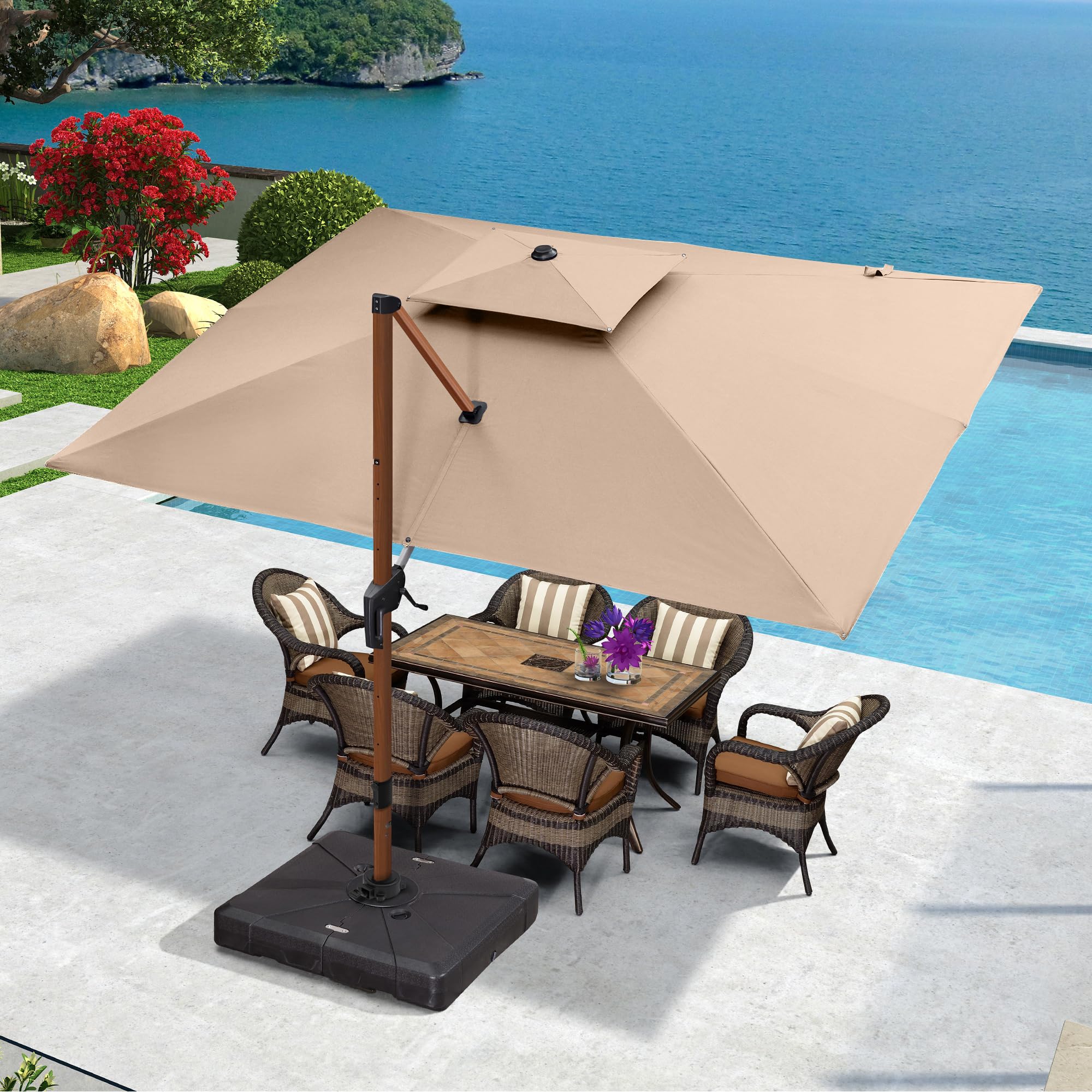 PURPLE LEAF Cantilever Umbrella 9' X 12' Wood-Grain Finish, Beige