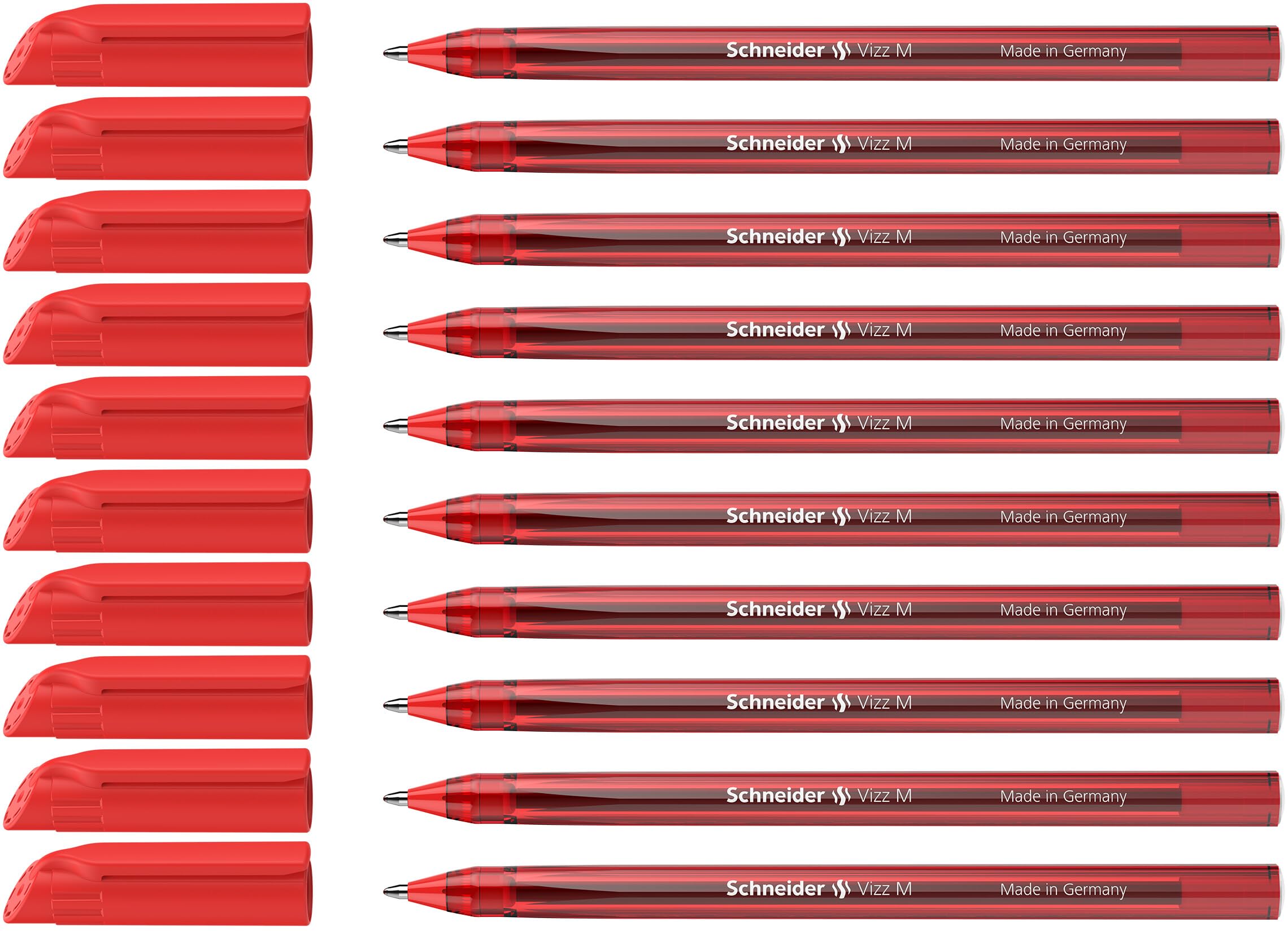 Schneider Vizz 102202 Ballpoint Pen for Easy and Quick Writing - Colour Ink Barrel - Medium Line Width - Red (Pack of 10)