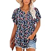 ONLYSHE Womens Summer Tunic Tops Ruffle Sleeve Pullf Short Sleeve Shirts