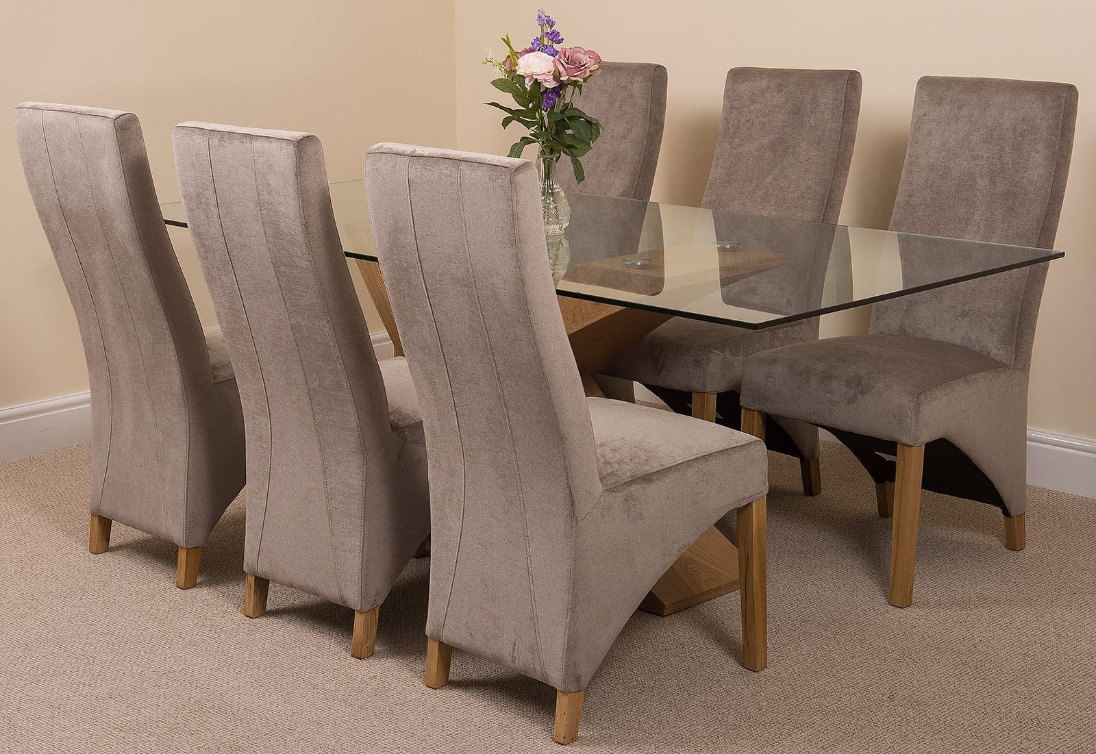 Valencia Large Oak 200cm Modern Glass Dining Set Table and 6 Grey Fabric Chairs