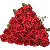 Hotop 20 Pcs Artificial Rose Flowers with Long Stem,Real Touch Silk Realistic Plastic Bouquet Roses Bulk for Home Decor Bridal Wedding Party Table Centerpieces Decorations(Red)
