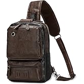 SUIKIHUM Vintage PU Leather Sling Backpack for Men, Crossbody Bag, Adjustable Shoulder Strap (Dark Brown)