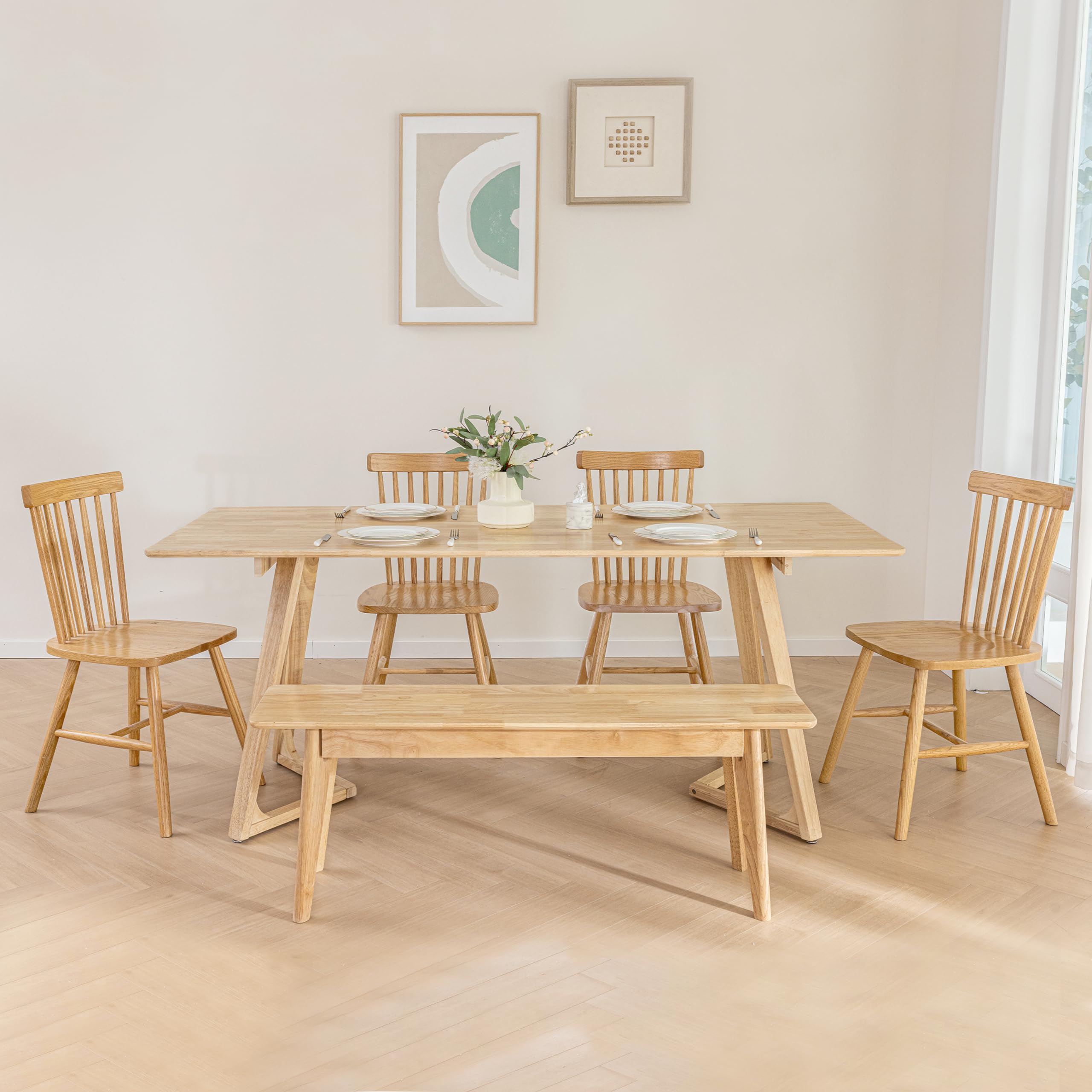 Photo 1 of DELAVIN 47 Inch Solid Wood Dining Bench, Table Bench for Bedroom, Midcentury Wooden Bench for Kitchen, Long Entryway Bench for Living Room, Natural