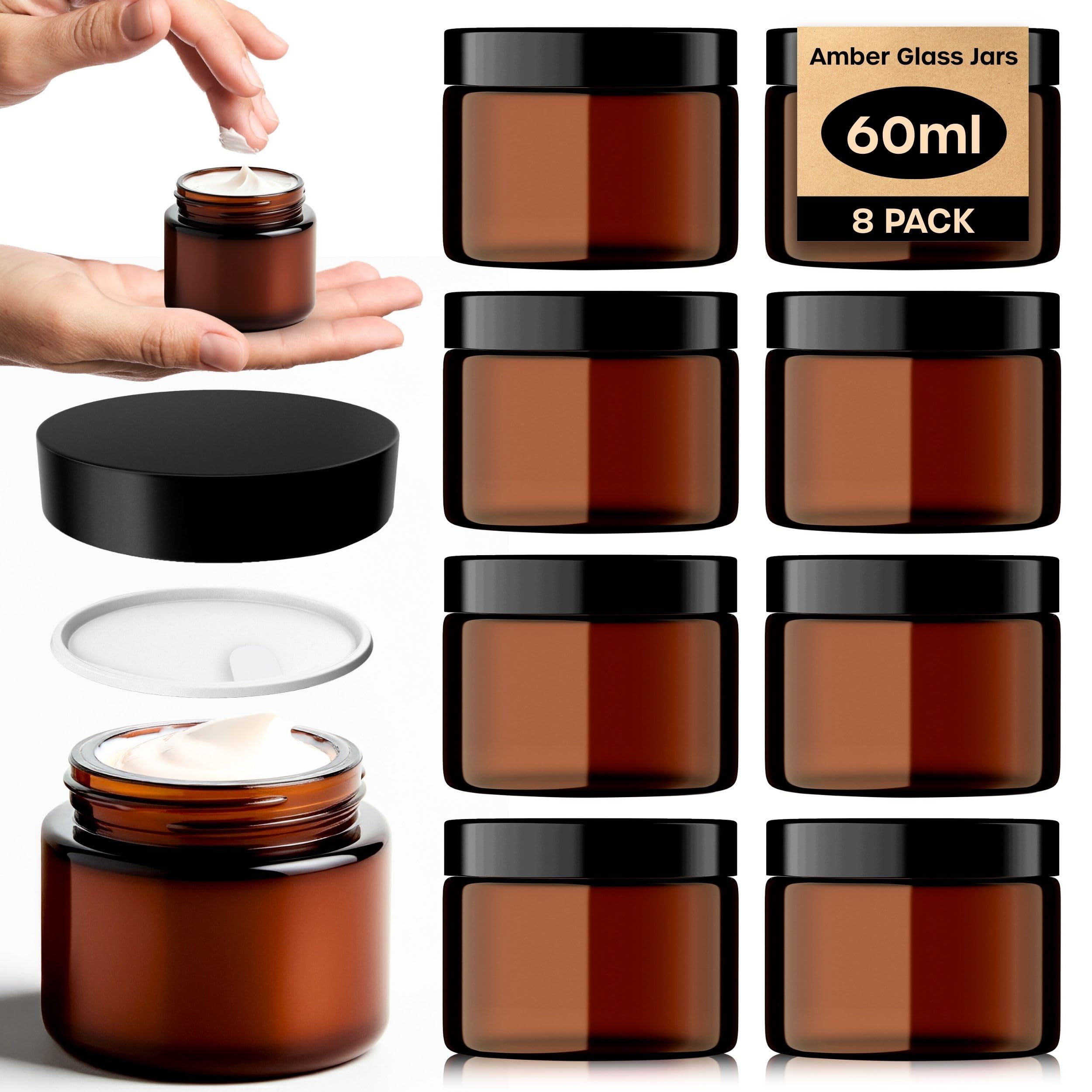 Amber Glass Jars - 8 Pack (60ml) with Lids - Brown Travel Cosmetic Containers with Spatula - UV Protection for Powder, Lotion and Cream