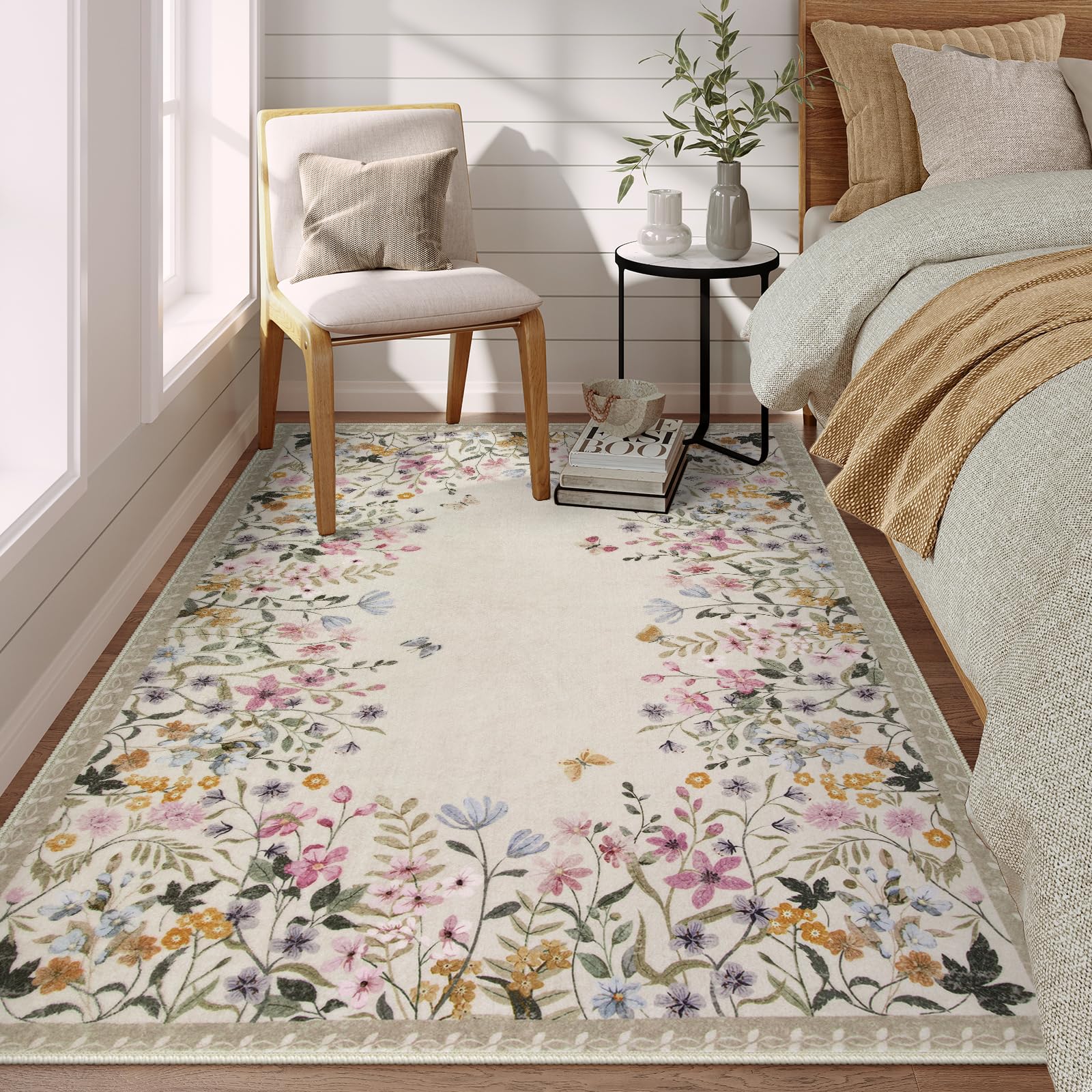 Photo 1 of Wonnitar Washable 4x6 Rug for Bedroom, Floral Print Area Rug for Living Room, Non-Slip Entryway Throw Mat, Low Pile Botanical Area Rug Floor Carpet for Bedside (Beige,4'x6')