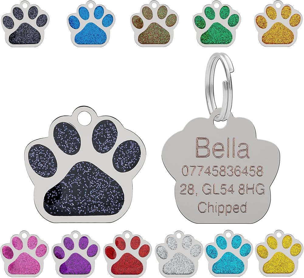 LARRYROO Personalised Engraved Pet Tag Paw Shape Glitter 27mm Stainless Steel
