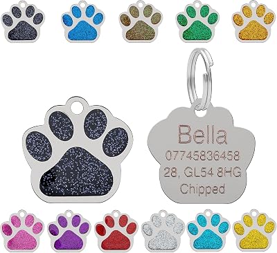LARRYROO Personalised Engraved Pet Tag Paw Shape Glitter 27mm Stainless Steel