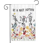 Avezano Be A Nice Human Garden Flag Skeleton Skull Wildflower Outdoor Yard Flag Spring and Summer Floral Flag for Garden Decor Funny Outdoor Flag 12x18 Inch