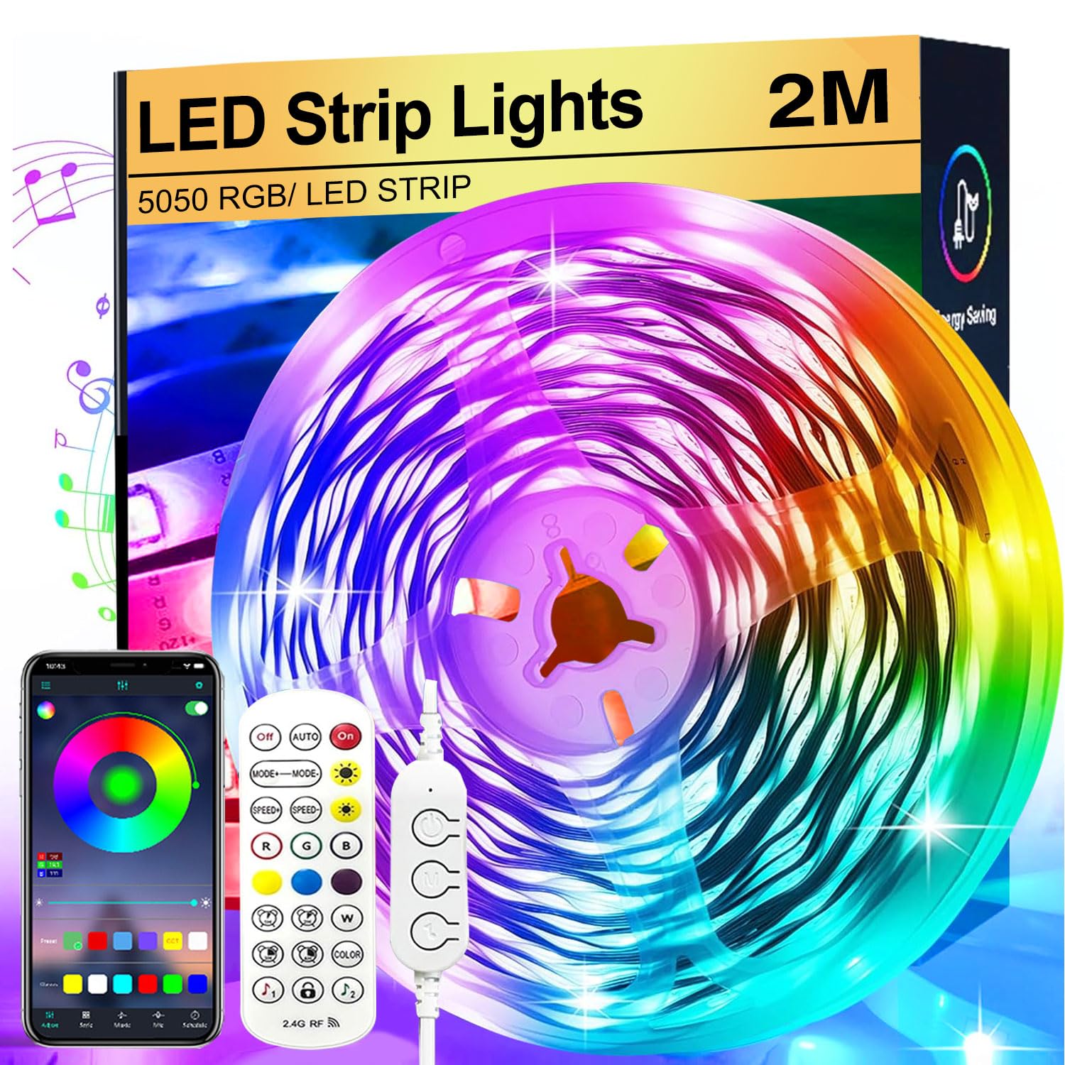 FOLAI 2M RGB Music Sync LED Strip Lights - Smart App Control Remote, Color Changing, Flexible Home Decoration for Bedroom Lighting, SHY-BT-03