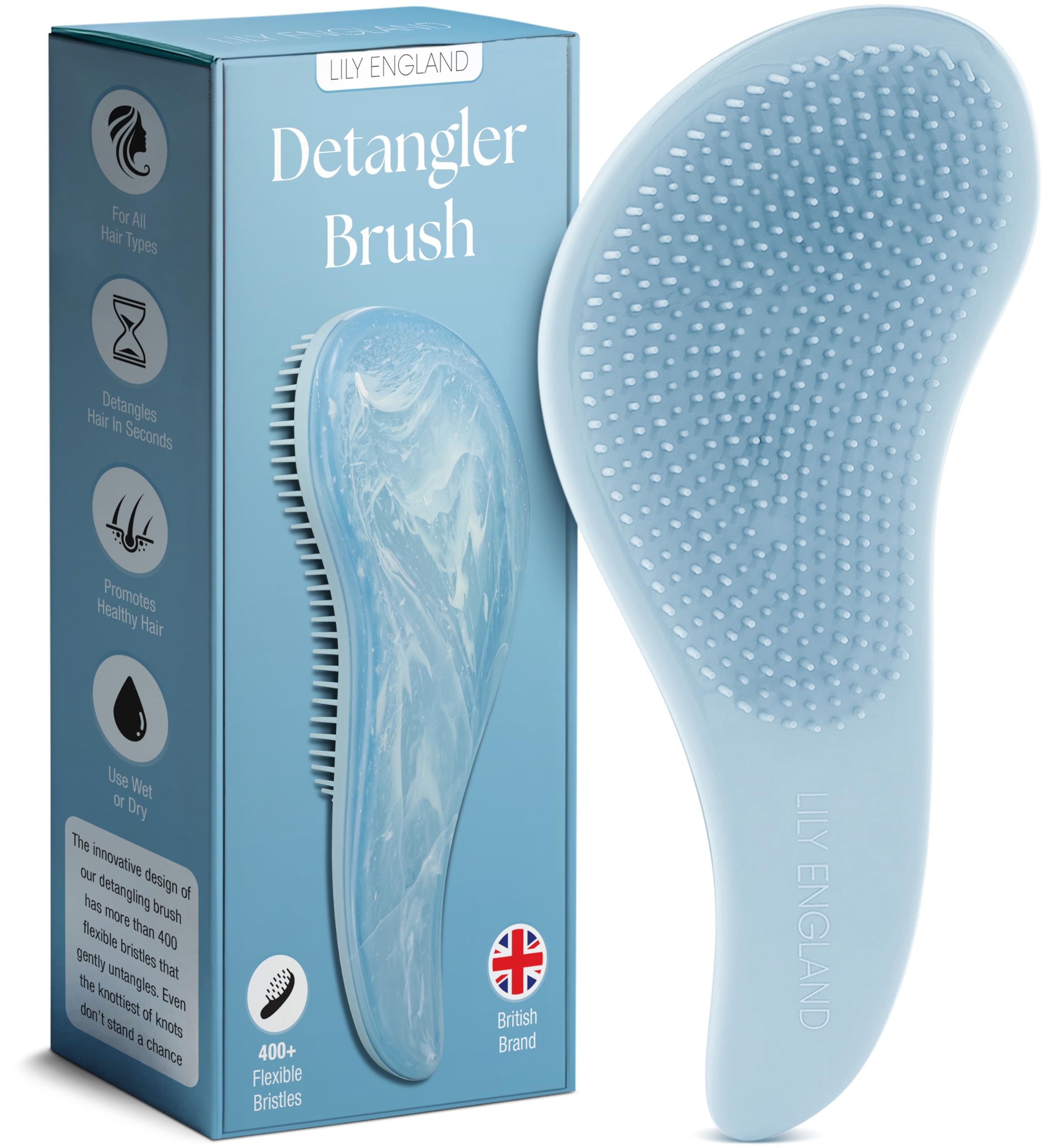 Detangle Hair Brush for Curly Hair, Straight, Thick or Natural Hair - Gentle Detangling Hairbrush for Kids, Women, & Toddlers with Flexible Bristles - Lily England Detangler Hair Brush, Blue