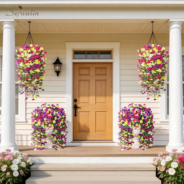 SERWALIN ARTIFICIAL HANGING FLOWERS FOR OUTDOORS UV RESISTANT, 4PCS FAUX MORNING GLORY FAKE OUTDOOR FLOWERS REALISTIC SILK FLOWER PLANTS FOR OUTSIDE PLANTER FRONT DOOR PORCH PATIO YARD DECOR