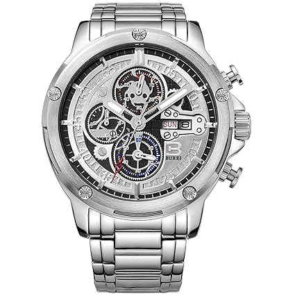 BUREI Men Day Date Dress Chronograph Wrist Watches with Stainless Steel Bracelet
