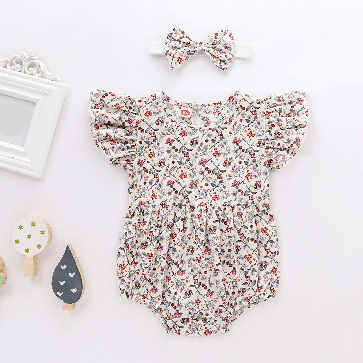 Newborn Baby Girl Floral Ruffle Sleeveless Button Down Romper Jumpsuit Bodysuit with Headband Infant Summer Clothes: Clothing