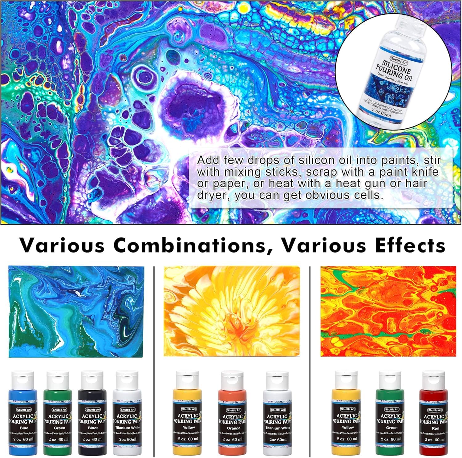 Shuttle Art Acrylic Pouring Paint, Set of 36 Bottles (2 oz/60ml) Pre-Mixed High-Flow Pouring Supplies with Canvas, Silicone Oil, Measuring Cups, Tablecloths, Complete Paint Pouring Kit