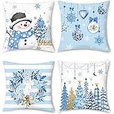 COZZSNUGE Winter Snowman Throw Pillow Covers, Blue Xmas Tree Reindeer Wreath Christmas Velvety Decorative Pillowcases for Sofa Bed Home Patio Set of 4, 18 x 18 Inches