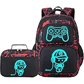 AUIVTY Boys Backpack with Lunch Box Glow in Dark Gamer Bookbag Kids Ages 4-12 Kindergarten Elementary Middle School Gaming Backpack, Luminous Game Boy Black Red
