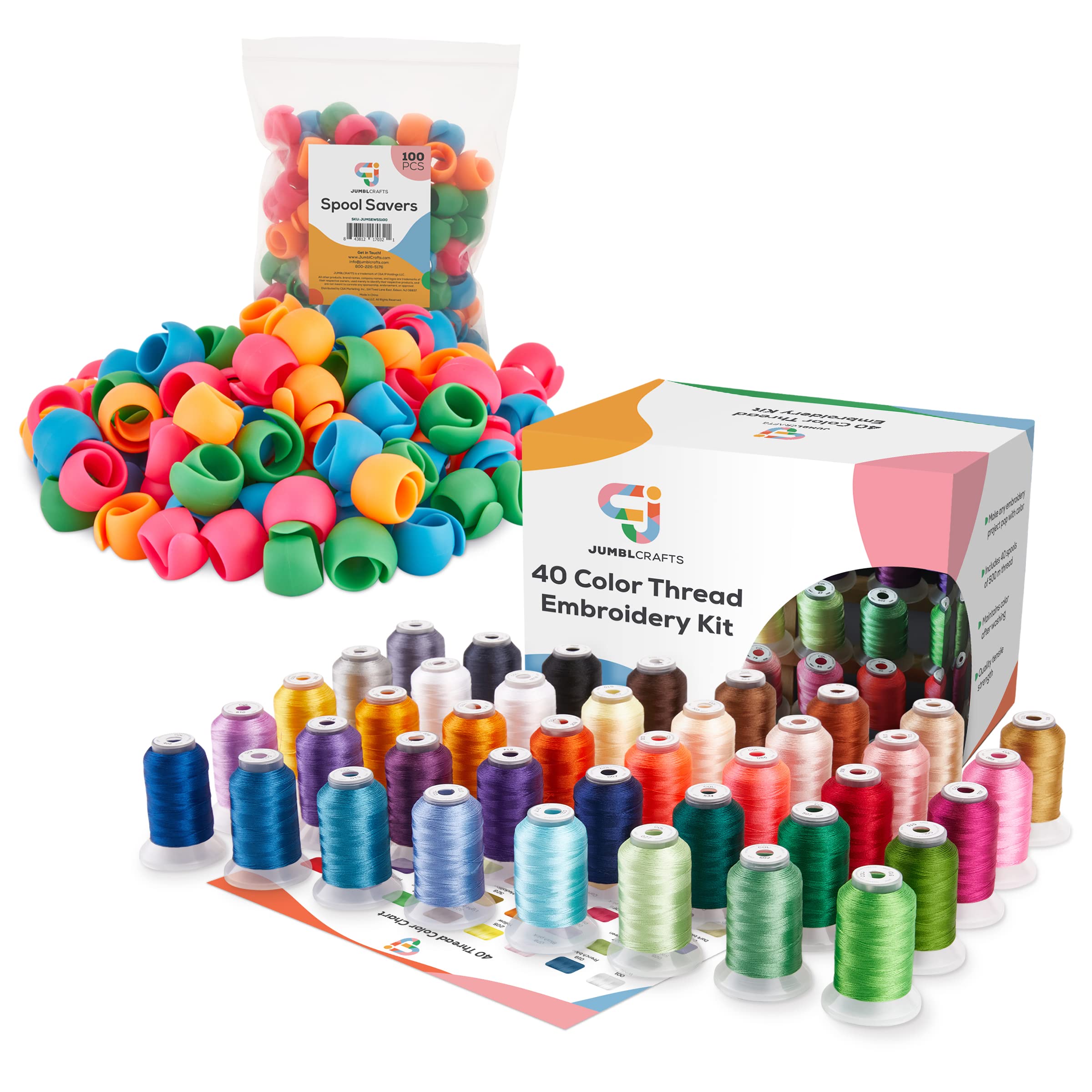 JumblCrafts 2-in-1 Embroidery Accessory Bundle – Includes 40 Color 500M Polyester Thread Embroidery Kit and 100 Pcs. Flexible Thread Spool Savers for Sewing/Embroidery