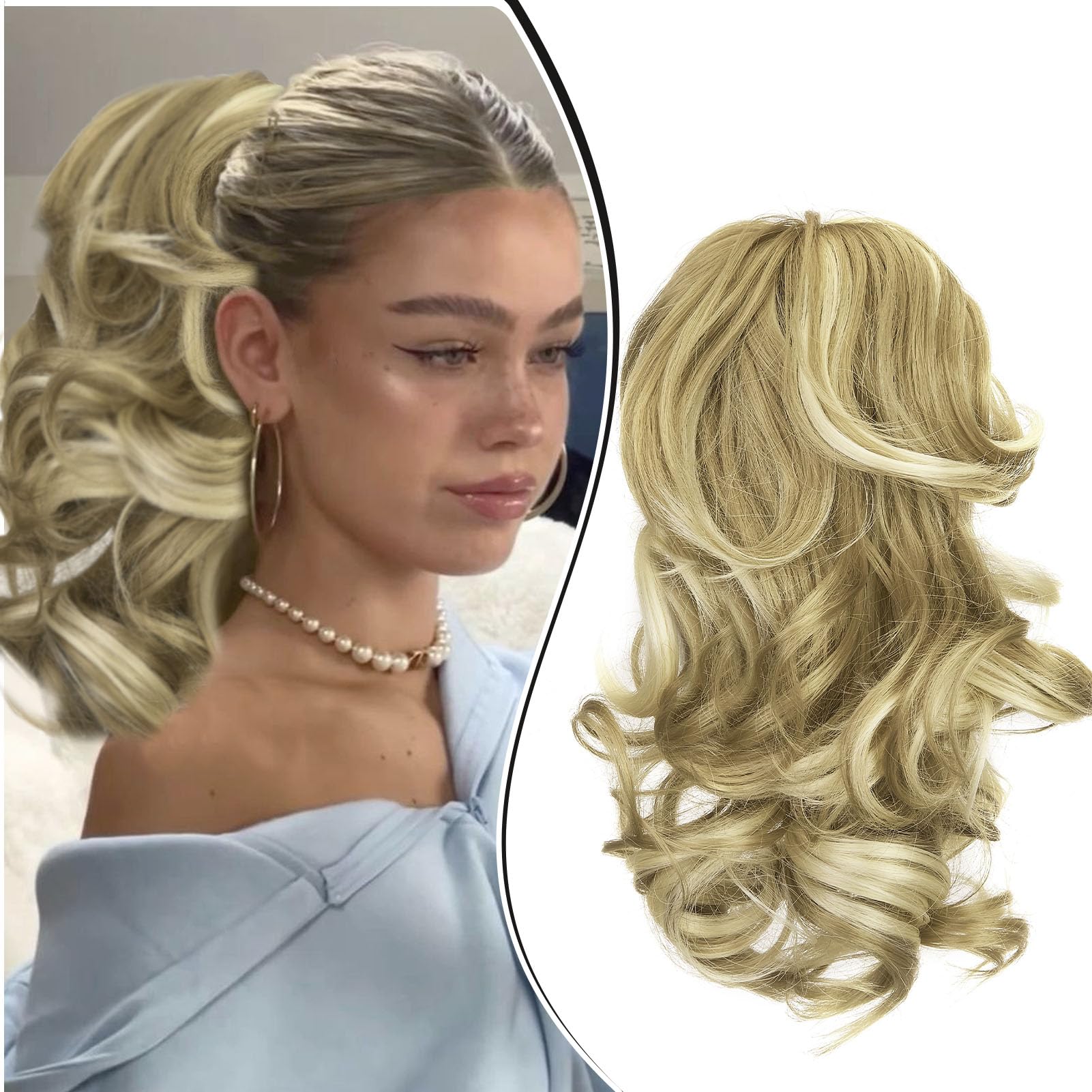 Dcbaboo Short Ponytail Extension Curly 12inch Claw Clip in Ponytail Hair Extensions Long Wavy Synthetic Pony tails Natural Wave One Piece Hairpiece Fake Ponytail for Women, Sandy Blonde/Bleach Blonde