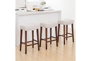 PrimeZone Counter Height Bar Stools Set of 3 - Backless Saddle Barstools with 4.3" Thick Upholstered, Nailhead Trim Linen Fabric & Solid Wood Legs, 26 Inch Counter Stools for Kitchen Island, Beige