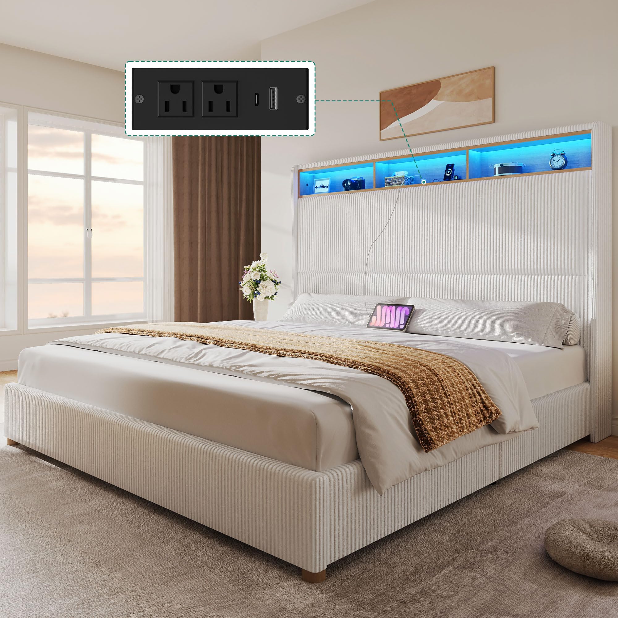 Photo 1 of ***TRUCK/TRAILER PICKUP ONLY***
***PARTIAL SET - PRICE ADJUSTED*** YITAHOME King Size Corduroy Upholstered Platform Bed Frame with Charging Station and RGB LED Lights, 53’’ Tall Storage Wingback Headboard, No Box Spring Needed, Easy Assembly, Noise-Free, 