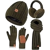 Winter Hat Gloves Scarf Earmuffs Set for Women, Fleece Lined Beanie Long Scarf Touchscreen Gloves Ear Warmer, 4 in 1 Gift Set
