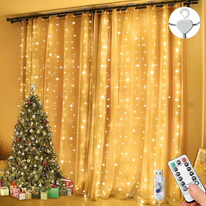 Lezonic Curtain Fairy Lights 3m x 3m 300LED USB with 8 Modes Remote Warm White