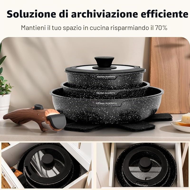 Set di Pentole da 10 Pezzi, con Manico Rimovibile, Nero